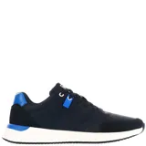 Championes urbanos N+ modelo Tila, con diseño en bloques de color azul marino, gris y detalles en naranja. Presentan cierre con cordones blancos, suela blanca con base oscura y estructura combinada de materiales sintéticos.