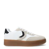 Championes urbanos de mujer con diseño de plataforma, color blanco con suela de goma color caramelo y detalle de estampado animal print en el talón.