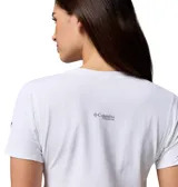 Remera de senderismo Columbia Diamond Peak, de color blanco y manga corta, con tecnología Omni-Freeze y Omni-Shade para protección solar y enfriamiento avanzado.