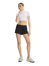 Short deportivo Under Armour modelo Vanish Woven, color negro, de tiro medio y confeccionado en tejido elástico ultraligero de secado rápido con braguita interior. Cuenta con cintura elástica visible con detalle del logotipo, bolsillos laterales abiertos y aberturas laterales en el bajo.