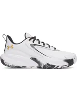 Championes deportivos Under Armour Lockdown 8, de color blanco con detalles en negro y dorado. Cuenta con parte superior de malla transpirable, superposiciones de cuero, entresuela de EVA y suela de caucho con patrón de tracción.