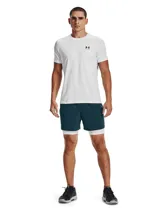 Short de compresión Under Armour de la línea HeatGear, diseñado para entrenamiento de alto rendimiento. Presenta un ajuste ceñido al cuerpo, cintura elástica ancha con logo de la marca, paneles de malla para ventilación y un bolsillo lateral Strength Pocket.