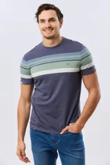Remera de manga corta con cuello redondo, de color verde militar con franjas horizontales en tonos azules, celestes y blancos en la parte superior del pecho.