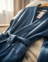 Bata de polar color azul, con cuello solapa, mangas largas, bolsillos laterales y lazo ajustable en la cintura.