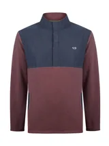 Buzo polar de hombre con cuello alto y medio cierre con broches, confeccionado en micropolar color bordó con canesú superior en tono azul marino. Cuenta con bolsillos delanteros y el logotipo del pato bordado en el pecho.