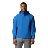Campera impermeable Columbia con tecnología Omni-Tech, diseñada para senderismo. Presenta capucha ajustable, cierre frontal con solapa, ventilación en axilas, bolsillos con cremalleras resistentes al agua y puños ajustables.