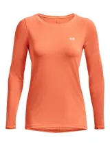 Remera deportiva Under Armour HeatGear Armour de manga larga, color naranja, con cuello redondo y diseño ajustado de alto rendimiento con tejido transpirable.