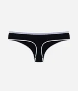 Bombacha tipo bikini de corte tanga, confeccionada en poliamida con elastano. Presenta un diseño sin costuras en color negro con bies contrastante en tono claro en los bordes.