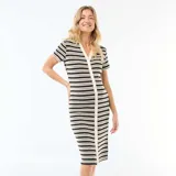 Vestido midi de punto calado con rayas horizontales en negro y beige, escote en V con cuello y cierre frontal de botones.