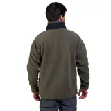 Campera de polar tipo sherpa en color verde oliva, con cuello alto, cierre frontal completo y bolsillo en el pecho con cierre en contraste negro. Cuenta con bolsillos laterales con cierre y tecnología Bonded para mayor retención térmica.