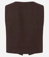 Chaleco femenino confeccionado en viscolino celeste, con escote en v, cierre por botones contrastantes y bolsillos delanteros.