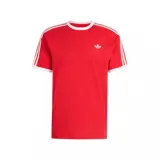 Camiseta Adidas roja con cuello redondo blanco, tres rayas blancas en las mangas y el logo del trébol blanco en el pecho.