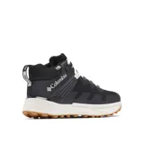 Championes de senderismo Columbia Facet 75 Mid OutDry, color negro con detalles en blanco y suela color caramelo. Diseño de caña media con tecnología impermeable, sistema de ajuste Navic Fit, amortiguación TechLite Plush y suela Adapt Trax con tacos de 5 mm para mayor tracción.
