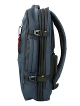 Mochila y maletín RKF azul navy de poliéster reciclado repelente al agua, con tres compartimentos independientes con cierre, compartimento para laptop de 15 pulgadas, triple bolsillo frontal, mango lateral y correas ajustables.