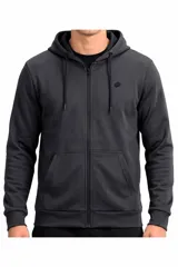 Campera deportiva con capucha y cierre frontal completo marca Lotto, modelo Lor-Josue, color negro. Cuenta con bolsillos tipo canguro, cordones ajustables en la capucha y puños y cintura elastizados.