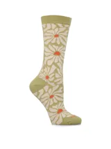 Medias de largo medio con estampado floral de margaritas en tonos verde y crema, con centro de flor naranja.
