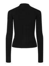 Campera de punto acanalado con cuello alto y cierre frontal completo. Presenta un diseño de ajuste entallado, mangas largas y confección en tejido de viscosa, poliéster y nylon.