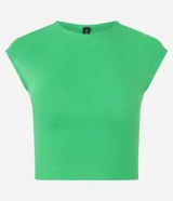 Blusa de rib verde brillante, sin mangas, con cuello redondo y diseño ajustado.