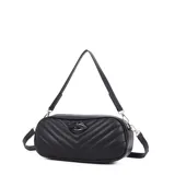 Cartera tipo morral de Las Oreiro, color negro, con diseño acolchado en forma de V y detalle de labios en relieve en el frente. Cuenta con correa ajustable y cierre superior.