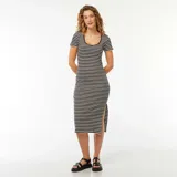 Vestido midi ajustado al cuerpo, con cuello redondo y mangas cortas. Diseño a rayas horizontales blancas y negras, con abertura lateral en el ruedo.
