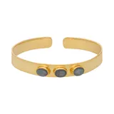 Brazalete rígido dorado con tres piedras ovaladas de labradorita.