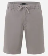 Bermuda recta de sarga color gris claro, con cintura elástica y cordón de ajuste. Presenta bolsillos laterales y traseros.