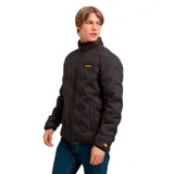 Chaqueta acolchada negra con cierre frontal completo, cuello alto y parche de silicona con el logotipo de la marca en el pecho. Presenta diseño con costuras selladas, bolsillos laterales y ribetes elásticos en puños y dobladillo.