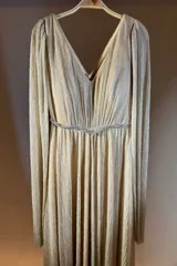 Vestido largo plisado color dorado, con escote en V, mangas largas y detalle de cinturón plateado.