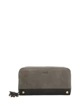 Billetera Rockford de cuero suede color gris con banda inferior de cuero marrón oscuro, cierre perimetral de cremallera y tirador con borla de flecos.