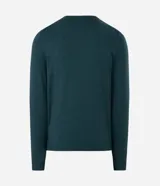 Suéter básico de punto color verde oscuro, de manga larga, con cuello redondo y puños y bajo acanalados.