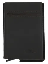 Billetera tarjetero de cuero natural color marrón con tecnología RFID y estampa en relieve del logo de la marca.