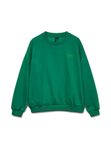 Buzo de felpa color verde, con cuello redondo, mangas largas y corte relajado. Presenta una pequeña estampa decorativa en el pecho.