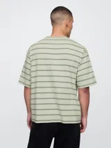 Remera de manga corta con cuello redondo, a rayas horizontales en tonos celeste, blanco y marrón.