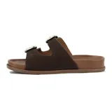 Sandalias tipo Birkenstock de gamuza color cacao, con dos tiras ajustables con hebillas metálicas doradas y base de corcho sintético.