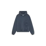 Hoodie oversize Eme Studios de efecto deslavado color azul oscuro, con capucha, bolsillo frontal tipo canguro y estampado circular decorativo en el pecho.