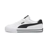 Championes Puma modelo Court Classic Vulc, de diseño urbano con capellada de lona blanca y detalles en cuero sintético negro. Presenta suela de plataforma con líneas decorativas horizontales y cierre de cordones.