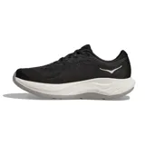 Championes de running Hoka Rincon 4, color negro con suela blanca y gris, diseño liviano con amortiguación y gran logo de la marca en el lateral.