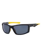Lentes de sol deportivos Cat modelo Cts 8015, con montura envolvente de color negro y detalles en amarillo. Cuentan con cristales polarizados oscuros y protección UVA+B.