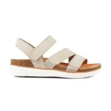 Sandalias Skechers Lifted Comfort color beige, con tiras de cuero sintético ajustables con velcro, plantilla contorneada Memory Foam con ribete de corcho y suela de tracción flexible.