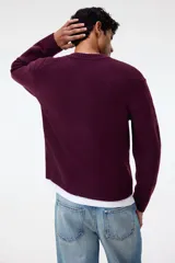 Buzo de tejido de punto color borgoña oscuro, con cuello redondo y acabado cepillado. Presenta remates acanalados en cuello, puños y bajo.