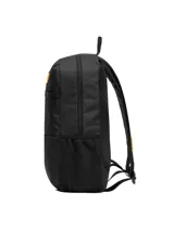 Mochila Caterpillar modelo Liam Backpack, color negro, con compartimento principal con cierre, bolsillo frontal con cierre, bolsillos laterales de malla y detalles en amarillo.