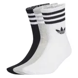 Pack de tres pares de medias Adidas 3S Crew, un par negro con rayas blancas, un par gris con rayas blancas y un par blanco con rayas negras y logo de Adidas.