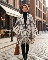 Poncho abierto color blanco marfil con diseño geométrico de rombos y cuadrados en color negro, terminado con flecos largos en el borde inferior.