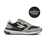 Championes deportivos Hi-Tec modelo Phoenix, con diseño en combinación de colores azul marino, beige y marrón. Presentan una suela con amortiguación blanca y detalles en verde, con tecnología memory foam para mayor confort.