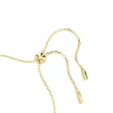 Pulsera de baño de oro con dijes colgantes que incluyen una flor, un cristal azul en forma de pera, un ojo turco, una perla de cristal y una herradura, todos decorados con cristales. Cuenta con cierre deslizante ajustable.