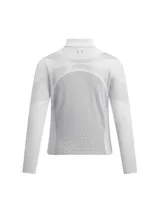 Buzo deportivo gris claro para mujer, con cierre frontal completo, cuello alto y mangas largas. Presenta paneles de malla calada en hombros, mangas y espalda para mayor transpirabilidad. Logo de la marca en el cuello.