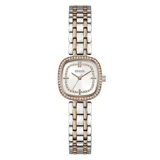 Reloj analógico de cuarzo con caja cuadrada de 25 mm y correa tipo brazalete de acero inoxidable en tono bicolor plateado y dorado rosado. La esfera blanca presenta un acabado sunray, detalles de cristales incrustados en el bisel y en el interior de la esfera, y manecillas en tono dorado rosado.