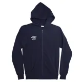 Campera deportiva con capucha y cierre frontal completo, confeccionada en tejido liso color azul marino. Presenta el logo de la marca Umbro bordado en blanco en el pecho y bolsillos tipo canguro.