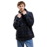 Canguro con cierre frontal completo, confeccionado en micropolar térmico. Presenta un diseño estampado con motivos étnicos en tonos azules, negros y ocres, con capucha y bolsillos laterales.
