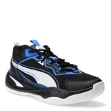 Championes de básquet Puma Basket Playmaker, con diseño de caña media. Presentan una combinación de colores negro, azul y blanco, con el logo de la marca en el lateral y la lengüeta. Confeccionados con una mezcla de malla textil y cuero sintético, cuentan con una suela de goma resistente y entresuela de espuma para mayor amortiguación.